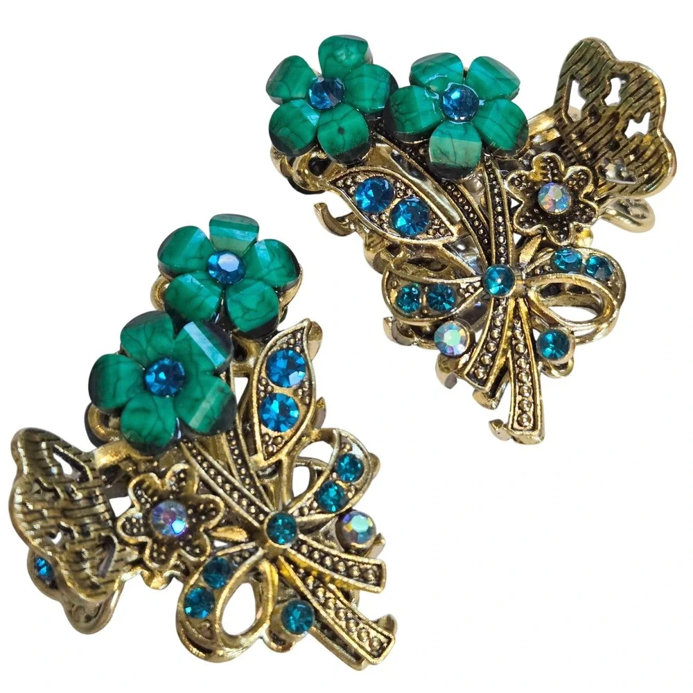 Boho Hair Claw Clip‎ Set 5pc Evil Eye Dragon Butterfly Floral Green Blue Gold